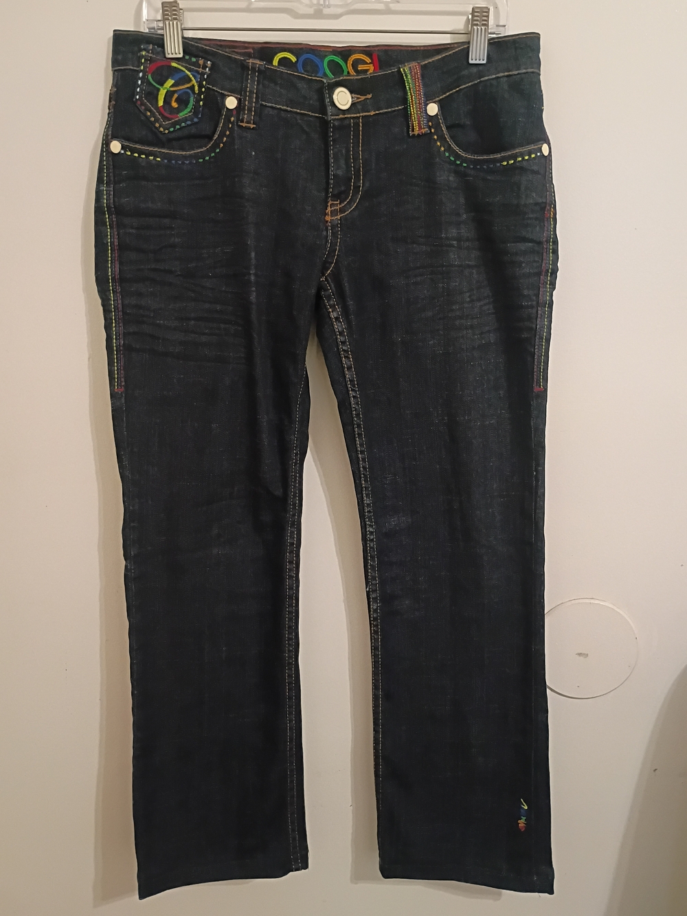COOGI Women's Dark Wash Straight Leg Jeans with Rainbow Stitching Sz 11/12